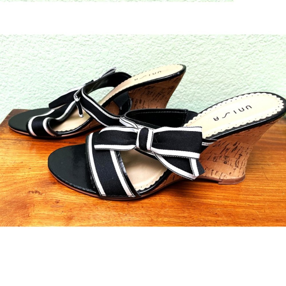 Unisa women's black and white w/ 3" cork heels open toe slides 9.5M NWOB